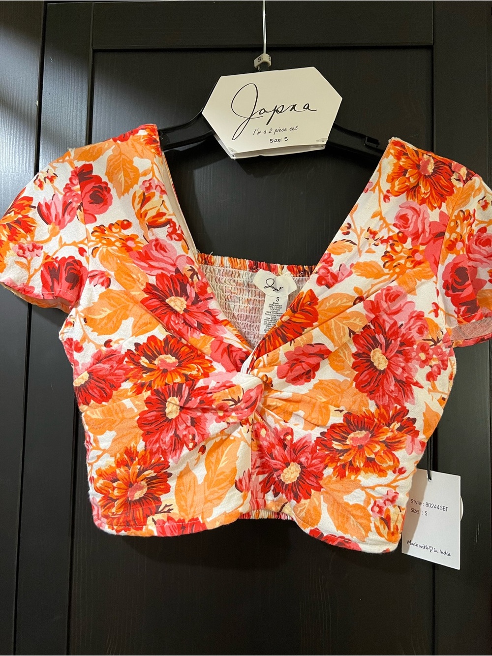 Japna Pink & Orange Floral Smocked Skirt Set - Picture 3 of 16